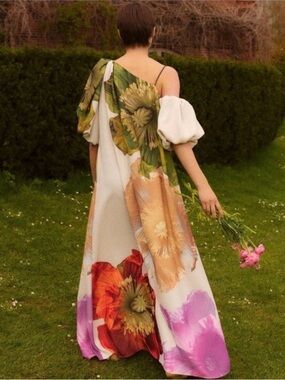 payton floral asymmetric neck maxi dress STINE GOYA | Dresses | Stine Goya Poppies Bloom Puff Sleeve Long Medium Floral burnout